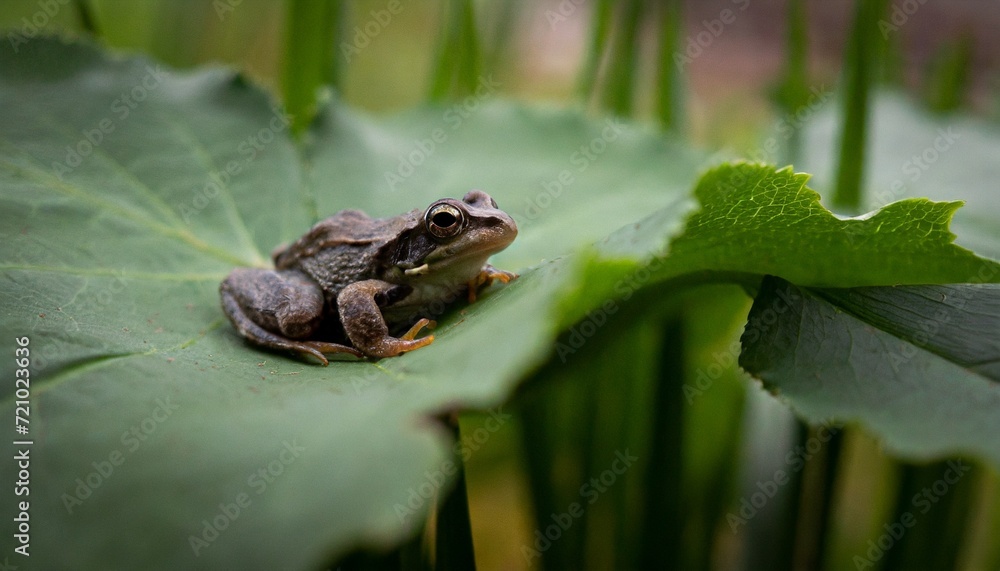 AI-generated illustration of a small frog perched on a green leaf AI-generated illustration of a small frog perched on a green leaf