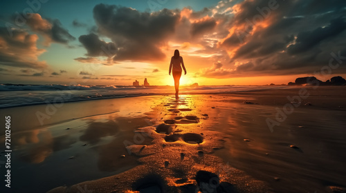 feet step walking along the beach, sunset