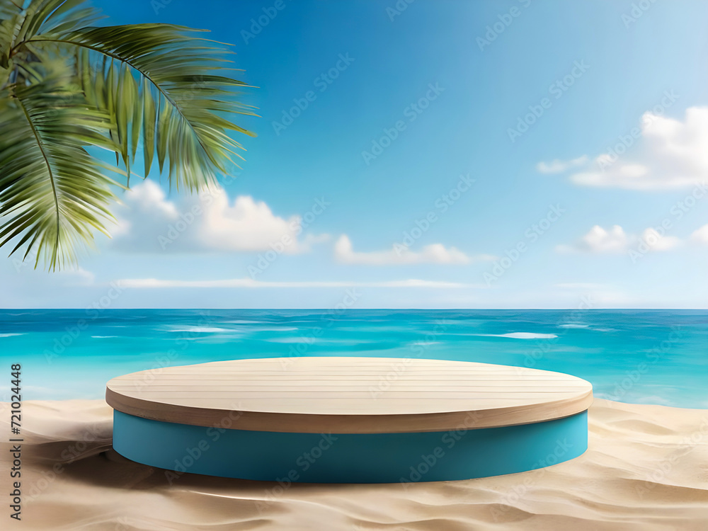 Photo white podium for product presentation on beach sand with blue beach background