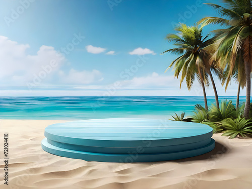 3d rendering blue Podium stage on summer beach landscape background with tropical palm trees  