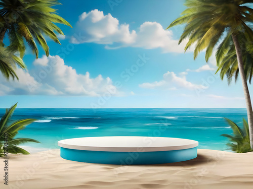 3d rendering blue Podium stage on summer beach landscape background with tropical palm trees 