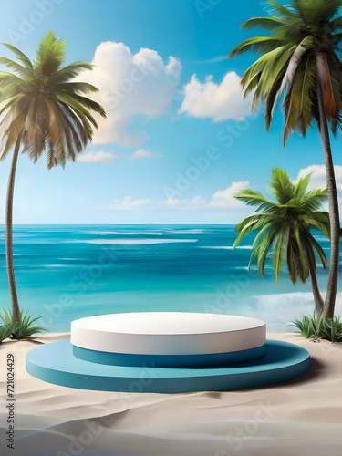 3d rendering blue Podium stage on summer beach landscape background with tropical palm trees 