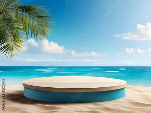 Photo white podium for product presentation on beach sand with blue beach background