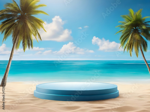 Summer background template composition with cute podium stage palm trees and beach objects