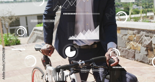Image of data processing over african american businessman with bike