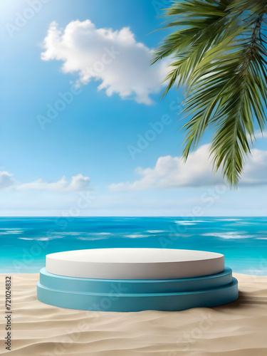  photo 3d rendering Summer 3d podium with copy space for product display presentation on blue beach background