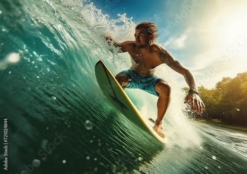 a man surfing on rolling ocean waves, Extreme sport and active lifestyle concept