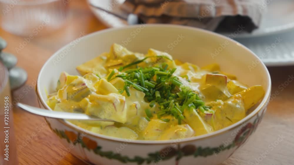 Creamy curry salad garnished with chives in a bowl at Scandinavian julefrokost
Creamy curry salad garnished with chives in a bowl at Scandinavian julefrokost