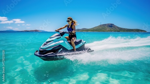 beautiful girl riding her jet skis in the sea and making spray photo