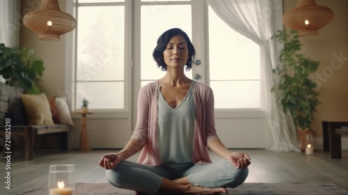 Middle Aged Asian Woman Meditating at Home. Relaxing, Mindful, Mental Health, Meditation 