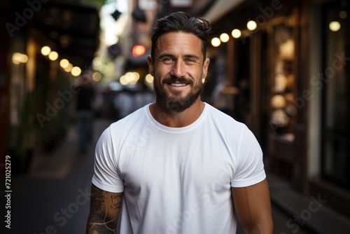 Smiling Man Wearing Worn White T-Shirt Mockup AI Generated