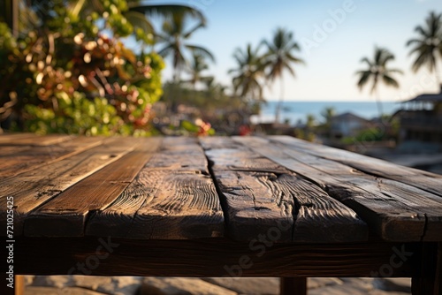 Relaxing on an Empty Wooden Table in a Tropical Beach during Summer Time AI Generated © Alex