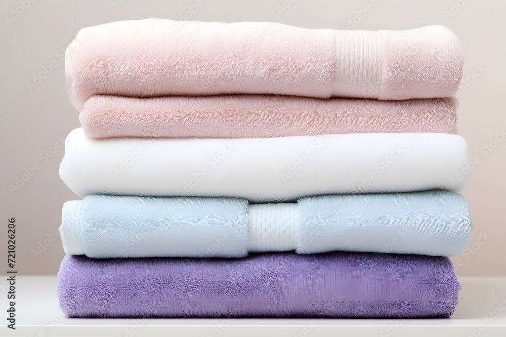 Towels neatly stacked in a spa-like arrangement,bathroom,hotel and white background Towels neatly stacked in a spa-like arrangement,bathroom,hotel and white background