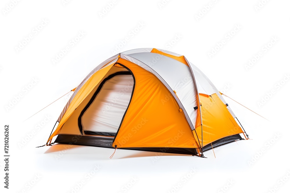 white and orange tent in a scenic forest camping site and white background white and orange tent in a scenic forest camping site and white background