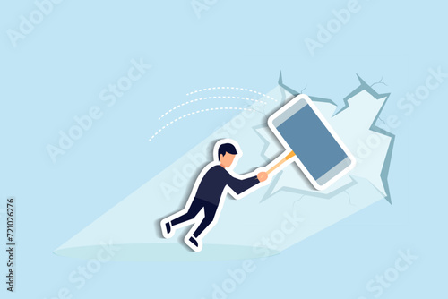 Breakthrough business boundary or limit, breaking the wall to see new work opportunities or career challenge concept, superpower businessman crack or breaking the wall with hammer to see light outside