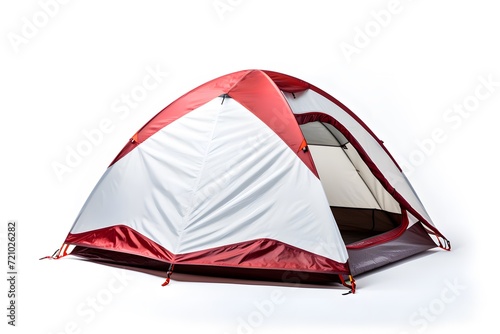 white and red tent in a scenic forest camping site and white background