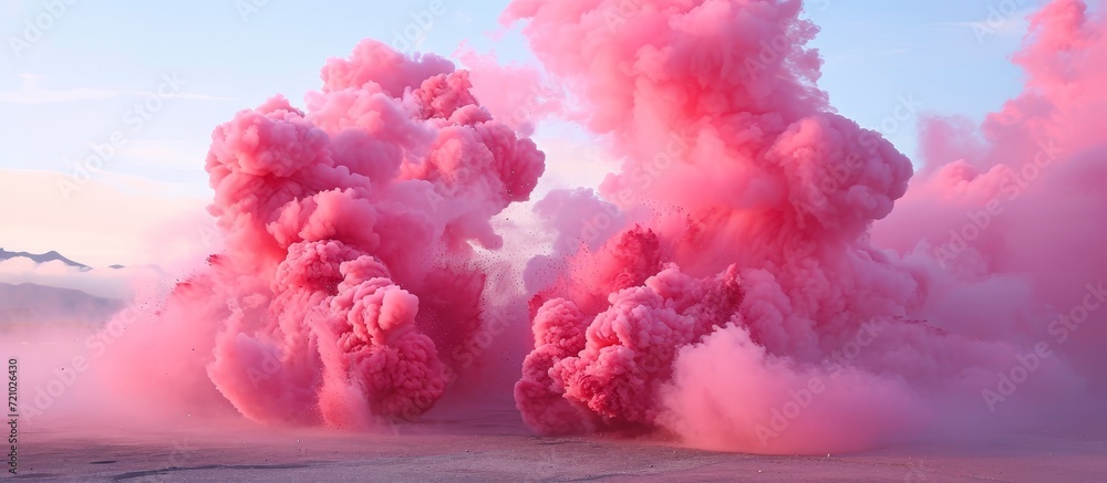 Fototapeta premium Explosive Action with Colorful Pink Smoke Bombs: A Vibrant Display of Colorful Pink Smoke Bombs Creates a Stunning Action Scene