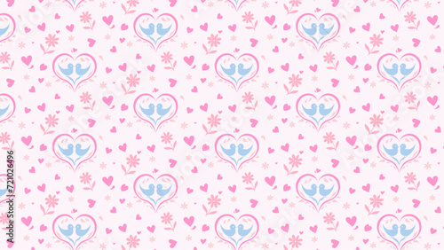 seamless lovebirds pattern backdrop, Pastel pink hearts, flowers and love birds, valentines card concept background, theme, sweet, gift, symbol