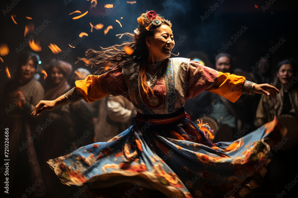 Vivid capture of Traditional Tsam dance in Mongolia. adorned in colorful, elaborate costumes and unique headgear