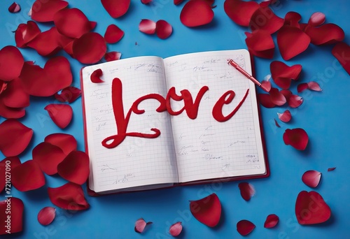  in felttip pen background blue love word written petals rose notebook red design photo