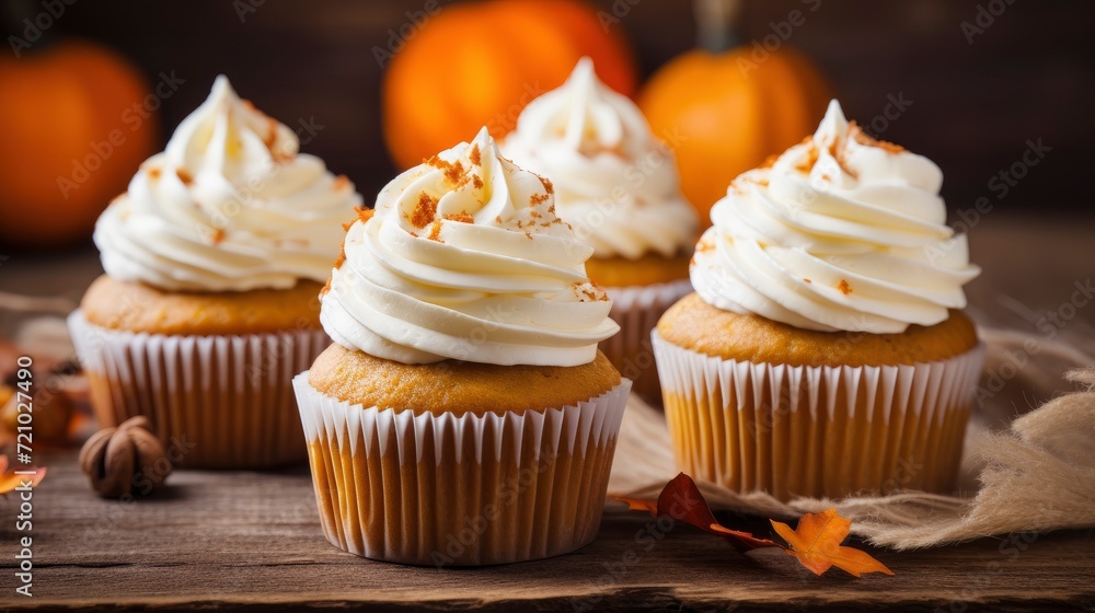 Halloween cupcakes with whipped cream and pumpkins on wooden background Generative AI