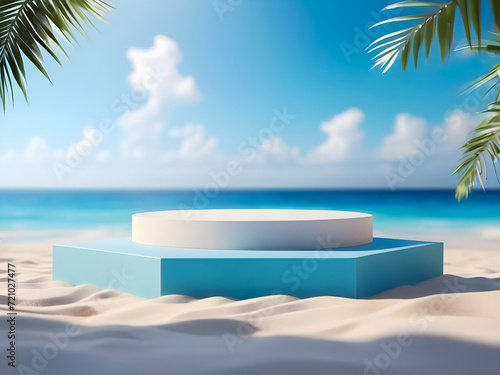 3d rendering blue Podium stage on summer beach landscape background with tropical palm trees 