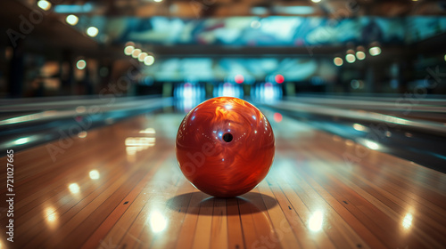 Bowling ball and pins in a bowling alley