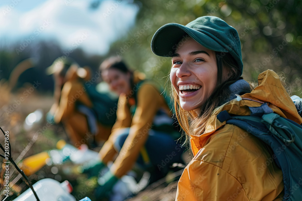 Cheerful volunteers in uniforms smiling while collecting garbage during environmental campaign in countryside on sunny day Cheerful volunteers in uniforms smiling while collecting garbage during environmental campaign in countryside on sunny day