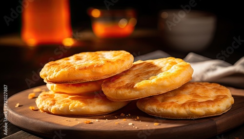 Pile of soft orange cookies on wooden serving table. Fluffy biscuits on dark  and blurred background. Generative AI.