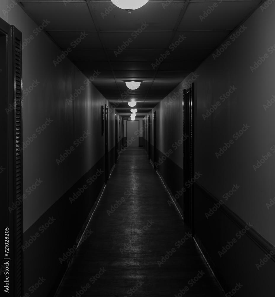 a dark hallway that has light hanging from it's ceiling