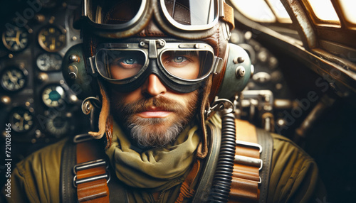 Canvas Print a man with a beard wearing aviator goggles in an airplane cockpit