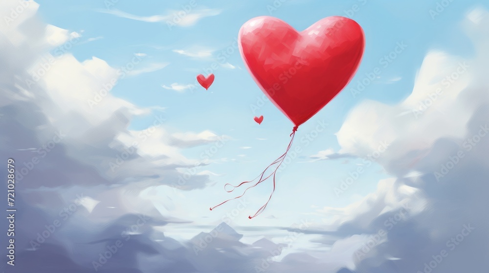 AI generated illustration of heart-filled balloons gracefully drift apart in a cloud-filled sky