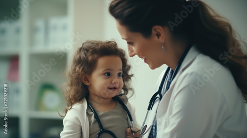 Female doctor with stethoscope examining little girl patient. Medicine and healthcare concept. Generative AI