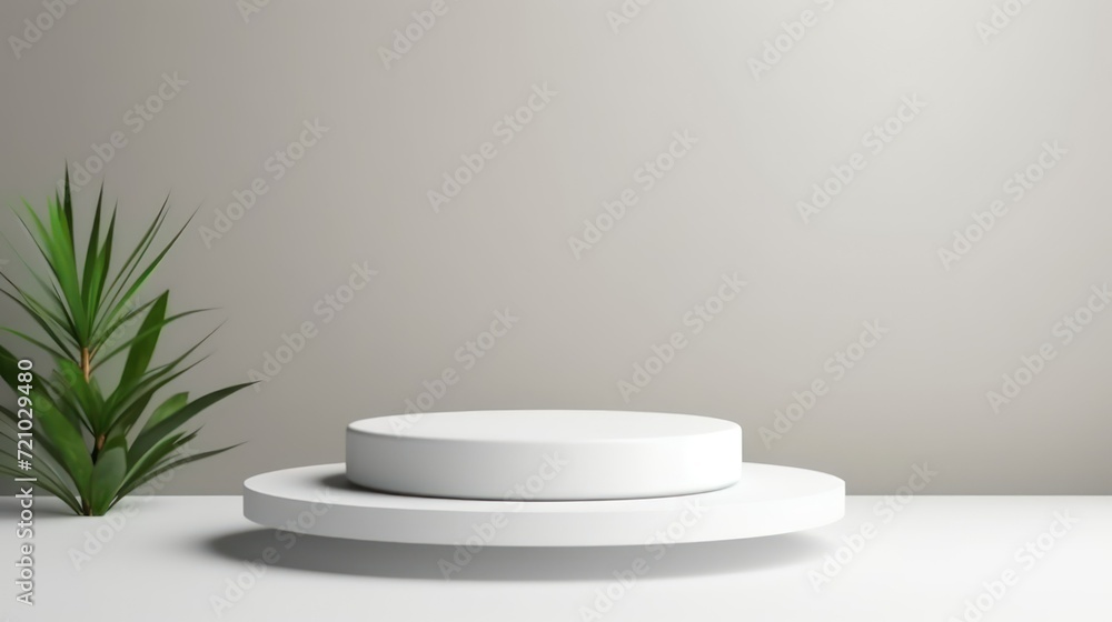 Minimalist white product display podium mockup on white wall background