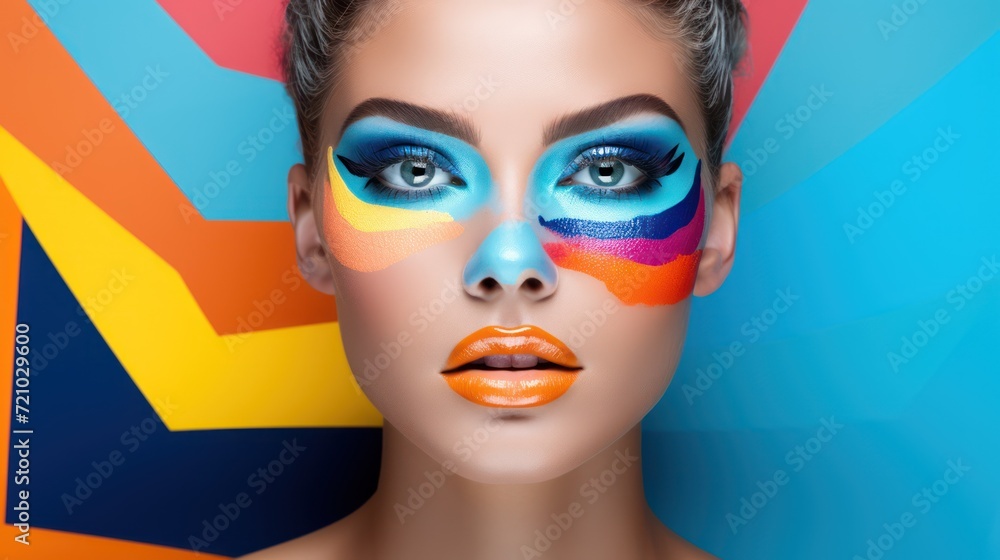 Fashion portrait of young beautiful woman with multicolored makeup. Generative AI
