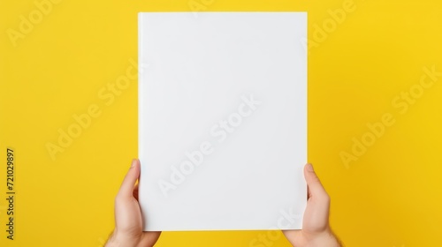 Hands holding blank paper on yellow background, top view