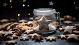 Cinnamon and anise cookies with powdered sugar in glass bottle on dark background. Star-shaped Christmas cookies with ingredients and festive decoration. Generative AI.