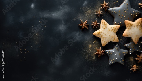 Top view of gingerbread, shortbread or anise cookies with edible gold dust on dark surface with anise stars decoration. Stack of star-shaped Christmas cookies with copy space for text. Generative AI.
