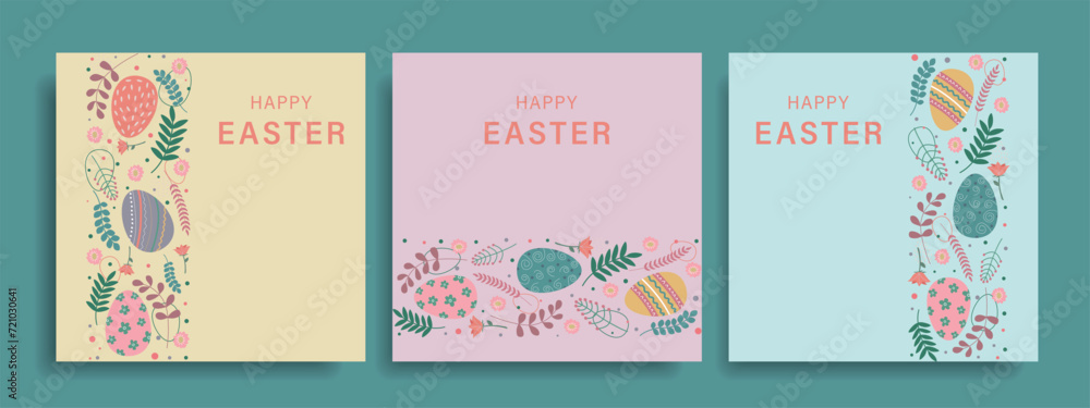 Set of Happy Easter greeting cards with Easter eggs and floral elements. Set of Easter covers.