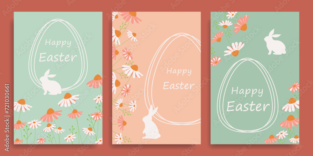 Naklejka premium Set of cards for the Easter holiday. Collection of cards with Easter eggs, daisies and bunnies.