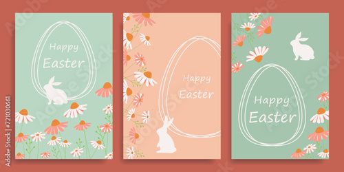 Set of cards for the Easter holiday. Collection of cards with Easter eggs, daisies and bunnies.