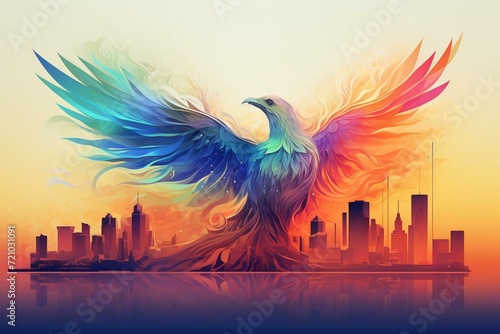 Multi-layered gradient phoenix with transparent texture and city landmarks in the skyline. Generative AI