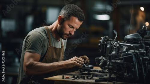 Portrait of a handsome mechanic working in his workshop. He is repairing a motorcycle. Generative AI