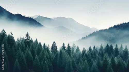 Foggy mountain landscape with coniferous forest and mountains. Generative AI