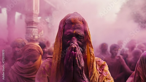 Holi with images of people participating in prayers and rituals photo