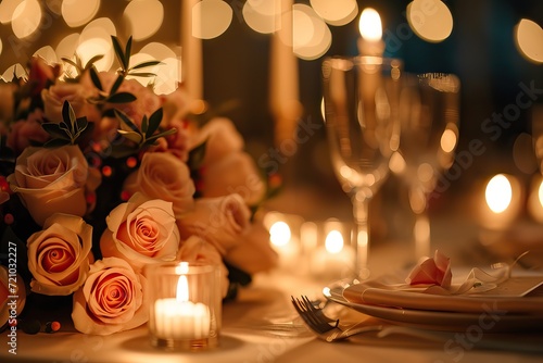 An intimate dinner setup with flickering candles, fine dining settings, and a table adorned with roses. The soft glow highlights the couple sharing a special moment, immersed in love and conversation. photo