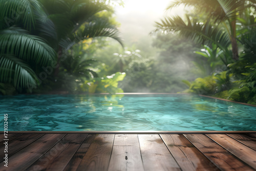 Wooden deck with a swimming pool and outdoor garden set in a tropical landscape. The wood deck pool is surrounded by a lush tropical forest with palm trees.