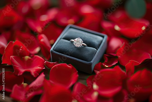 Engagement ring in a velvet box surrounded by rose petals. © AmorFati