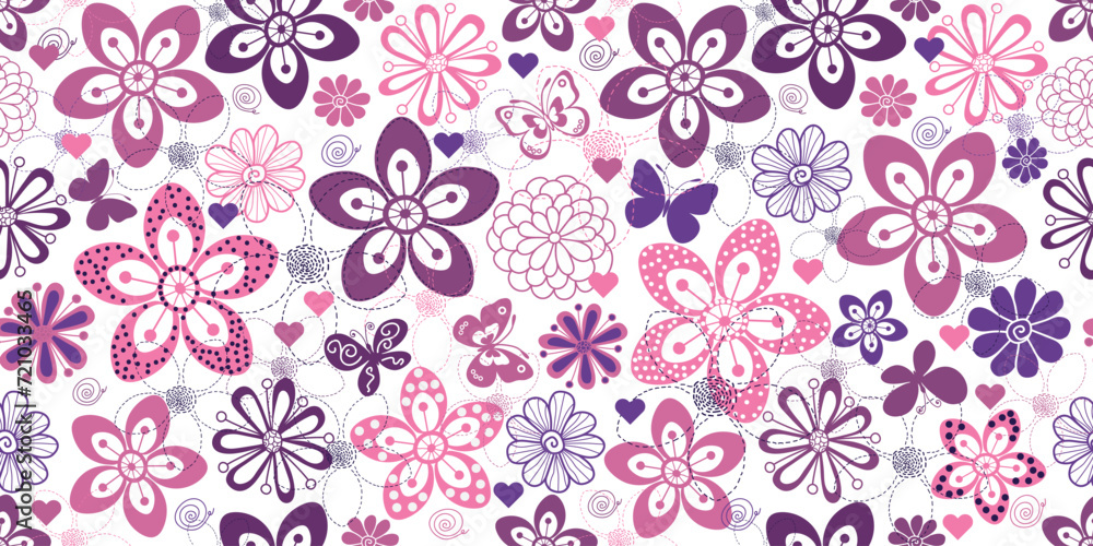 Vector seamless colorful floral pattern with flowers and butterflies in doodle style on a transparent background