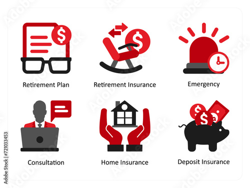 Six insurance icons in red and black as retirement plan, retirement insurance, emergency